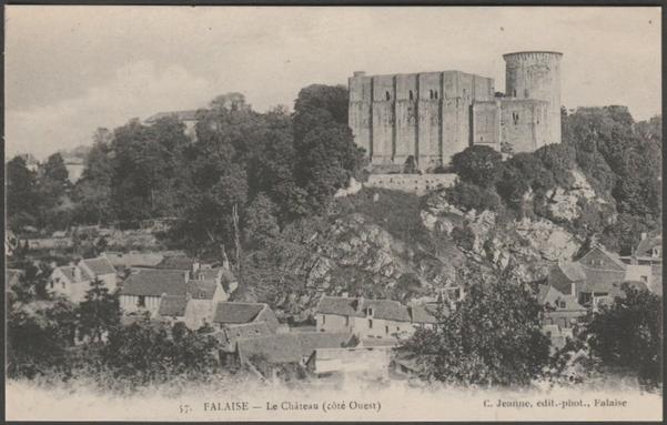 Printed monochrome postcard showing a view of the west side of the Château at Falaise in Calvados, Normandy, France.

Published by C. Jeanne, Falaise, No 57, c.1905-10.

Postally unused.

Excellent condition, with minimal corner bumps.