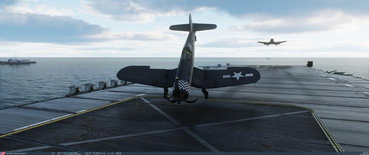 F4U Corsair resting on its propeller on the deck of an Essex-class aircraft carrier as an AI Corsair pilot comes in to land. It doesn’t end well.