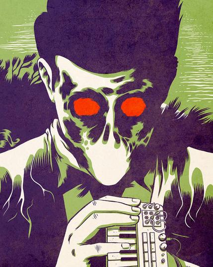 A man with a monstrous face and red glowing eyes playing a small, circuit-bent keyboard.