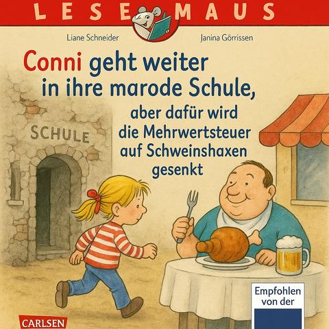 Illustration eines humorvoll gestalteten Kinderbuchcovers aus der „Lesemaus“-Reihe. Der Titel lautet: „Conni geht weiter in ihre marode Schule, aber dafür wird die Mehrwertsteuer auf Schweinshaxen gesenkt“. Links sieht man ein verfallenes Schulgebäude mit bröckelnder Fassade und offener Tür. Davor läuft das blonde Mädchen Conni in rotem Ringelshirt und blauer Hose energisch auf das Gebäude zu. Rechts sitzt ein kräftiger, glücklicher Mann in einem Restaurant vor einem Teller mit einer großen Schweinshaxe und einem Bierkrug. Er schaut zufrieden auf sein Essen. Oben steht der Serientitel mit der typischen Lesemaus. Ein Aufkleber unten rechts zeigt: „Empfohlen von der Stiftung Lesen“. Das Bild ist im Stil von handgemalten Kinderbuchillustrationen gehalten.