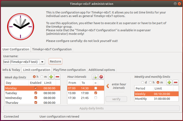 Timekpr-nExT. Setting up limits. Screenshot taken from the official website