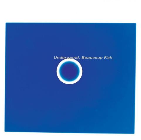 The cover art for the album Beaucoup Fish by Underworld. 

The art is a sky-blue rectangle on a white background, which has a white circle in the middle. 'Underworld, Beaucoup Fish' is just above the circle in a bold, grey sans-serif italic font.
