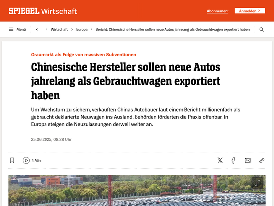 Graumarkt als Folge von massiven Subventionen
Chinesische Hersteller sollen neue Autos jahrelang als Gebrauchtwagen exportiert haben

Um Wachstum zu sichern, verkauften Chinas Autobauer laut einem Bericht millionenfach als gebraucht deklarierte Neuwagen ins Ausland. Behörden förderten die Praxis offenbar. In Europa steigen die Neuzulassungen derweil weiter an.
