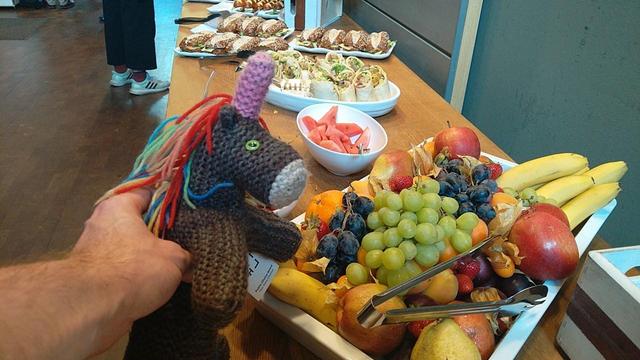 Max, das bunte Strickhorn, beim Buffet – hier mit frischem Obst.