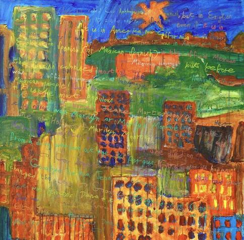 Image: Fergus FitzGerald, Los Angeles, United States of America, 2022. Acrylic and marker on canvas. Courtesy of the artist and KCAT Arts Centre | brightly coloured painting of a cityscape; blue sky with big orange sun across the top of the painting,, under which the rest of the support is crowded with skyscrapers and green spaces; words are written in flowing cursive in different colours – like “Exploration Spanish (or Mexican Spanish)”, “it = the angels” and much more • “Fergus FitzGerald is based in the Carrick-on-Suir facilities of Camphill Communities of Ireland and has a studio at their affiliate, KCAT Arts Centre in Callan, which supports artists who self-identify, or are identified, as neurodivergent. He has been practicing for about fifteen years and has created an extensive body of painting and writing.    Geography Is Important surveys FitzGerald’s practice and is the most comprehensive presentation of his work to date. It features works made between 2012 and 2024 that…”