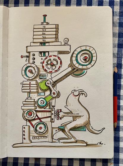 A cartoonish illustration of a monstet operating a complicated machine with gears, levers, and numbered stacks. The monstet appears focused and slightly perplexed.
