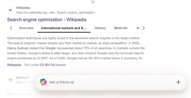 Copilot overlay in Bing