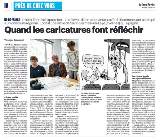 Le lycée Louis-Bascan à Rambouillet fait parler de lui dans la Presse | « Laïcité, liberté d’expression… Comment un concours de caricatures fait réfléchir les ados en Île-de-France » - Article complet rédigé par Véronique Beaugrand, publié le 04/06/2025 sur leparisien.fr