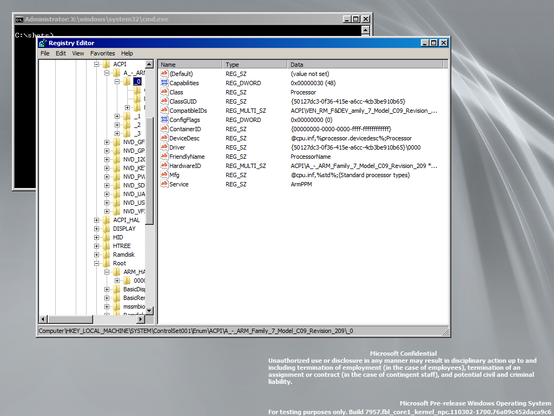 ditto, at an earlier point (prior to some hacking-up in the WIM) with tables patched to output a 1024x768 framebuffer, showing regedit displaying the Surface RT's CPU info as dictated by ACPI. all four CPU cores (from 0 to 3) are shown as "installed" in the registry as well.