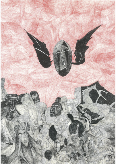An Abstract image that looks like a pencil sketch shows a winged orb figure descending into a morass of hooded and masked figures gasping for air in a sea of molasses like liquid or webbing. The top background is red pencil while the lower half is grey pencil color. The winged orb also looks like an SnM mask as do some of the masks on the figures below.