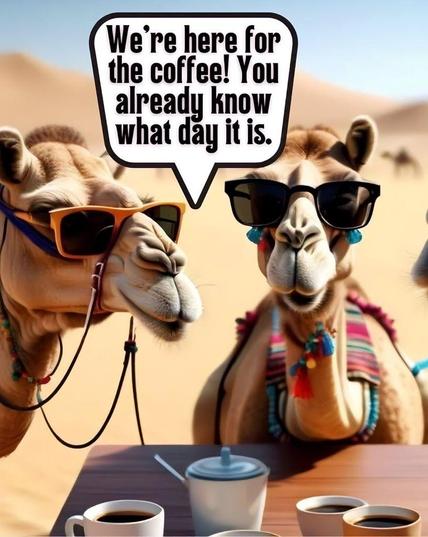 Two camels are all a cafe in a desert setting, drinking their coffee and saying "You know what day it is."
