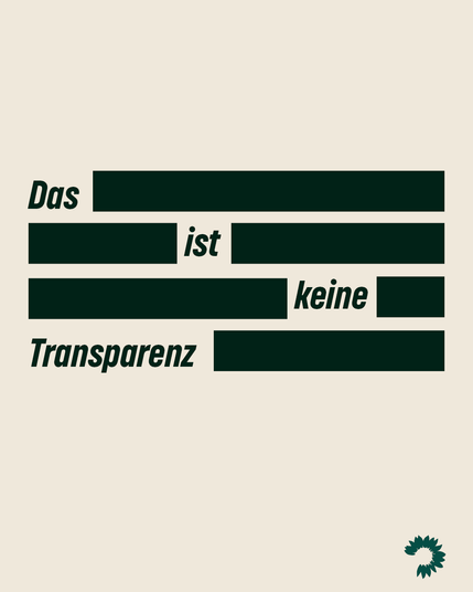 Auf sandfarbenem Hintergrund sind schwarze Linien zu sehen, in denen vereinzelt Worte stehen, so wie als wären in einem Textblock sehr viele Dinge geschwärzt worden. Die übriggebliebenen Worte ergeben den Satz „Das ist keine Transparenz“. Rechts unten ist in dunkelgrün das Icon einer Sonnenblume zu sehen.