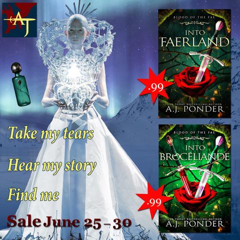 Take my tears, hear my story, find me.
Sale June 25-30 

Into FaerLand cover with a .99c star 
Into Broceliande cover with a .99c star

Covers show swords and roses, because those are themes in the book -not because its romance.