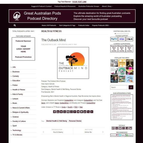 The Outback Mind Podcast
Screenshot of the podcast listing on the Great Australian Pods website