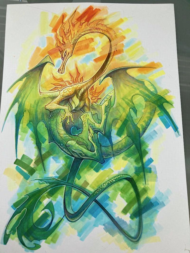 dragon doodle on colour test paper