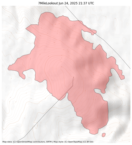 Visual map representation of the 7MileLookout wildfire, showing the perimeters of the 1438.3317804566445 acre fire on a map.