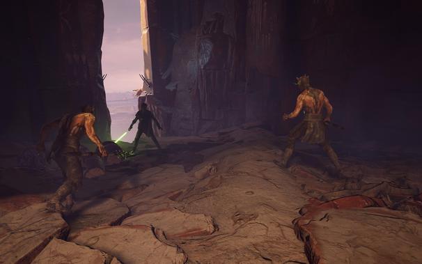 A screenshot of Star Wars Jedi: Fallen Order, depicting Cal Kestis standing ready to face of against two Zabrak enemies on Dathomir.