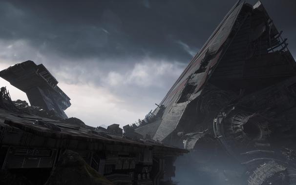 A screenshot of Star Wars Jedi: Fallen Order, depicting a crashed Venator on the surface of Zeffo.