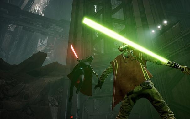 A screenshot of Star Wars Jedi: Fallen Order, depicting the Second Sister imperial inquisitor leaping toward Cal Kestis with her lightsaber ready to strike.