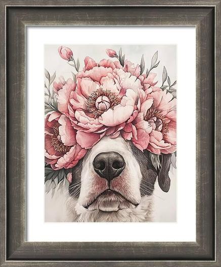 Petals And Pup / Dog Art by Lisa S Baker. A dog's face is adorned with an elaborate crown of large pink peonies, creating a whimsical and endearing look. The flowers are lush and detailed, contrasting beautifully with the dog's realistic features.