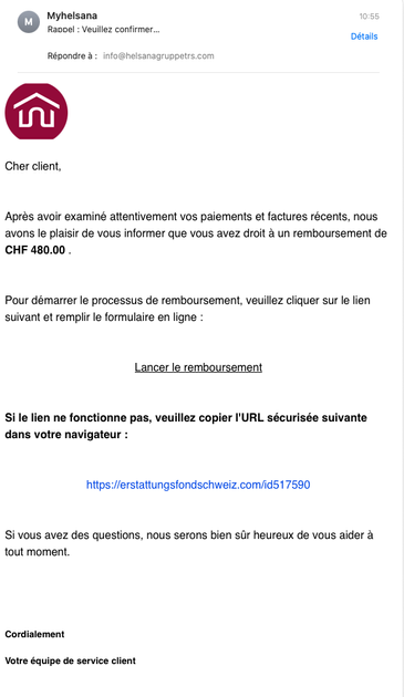 Email frauduleux imitant Helsana, annonçant un remboursement de 480 CHF avec un lien vers un faux site.