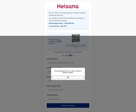 Formulaire de phishing demandant les détails d'une carte bancaire sous prétexte d’un remboursement.