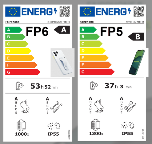 (left) Energy Label Fairphone 6: energy efficiency A, battery life 53:52, robustness A, repairability A, battery charging cycles 1000, IP55 water & dust protection.
(right) Energy Label Fairphone 5: energy efficiency B, battery life 37:03, robustness A, repairability A, battery charging cycles 1300, IP55 water & dust protection.

(C) This collage is made from pictures from the official fairphone.com webpage.