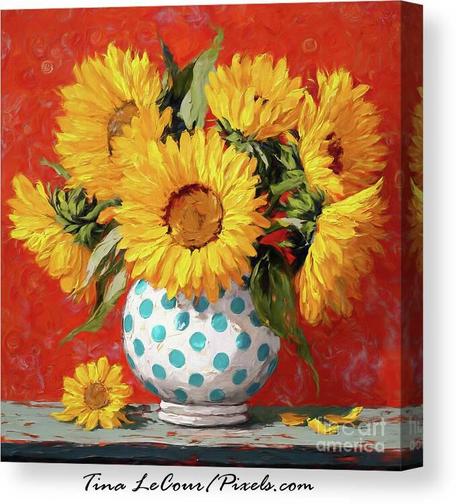 This is a canvas impressionism of a still life of some big sunflowers in a white and teal polka dot vase against a red background.