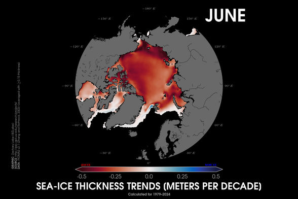 Polar stereographic map showing sea ice thickness trends for the month of June calculated from 1979 to 2024. The units are in meters per decade. All areas are observing thinning ice on this map. Red shading is shown for thinning ice, and blue shading is shown for thickening ice trends.