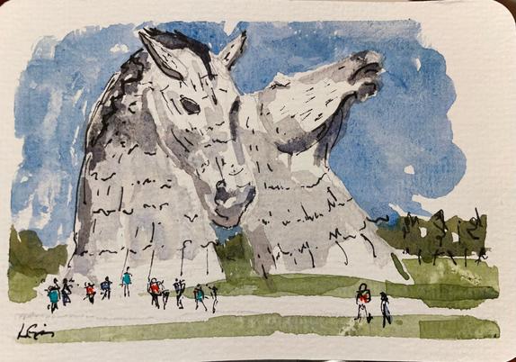 This is a watercolor sketch of the Kelpies in Scotland.