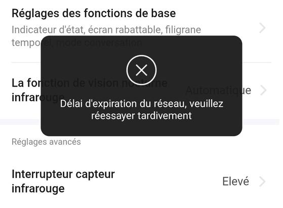 popup alerte Tuya smart : délai d'expiration du réseau, veuillez réessayer tardivement.