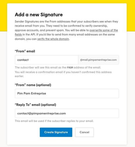 Form for adding a shipping email address in Postmark. The "From" email field displays contact@mail.pimpamentreprise.com, the "From" name field (optional) displays Pim Pam Entreprise, and the "Reply To" email field (optional) displays contact@pimpamentreprise.com.