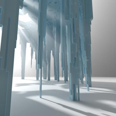 Path traced voxel world with atmosphere volumetric shadows (god rays) and a mix of soft and hard shadows visible on the ground.