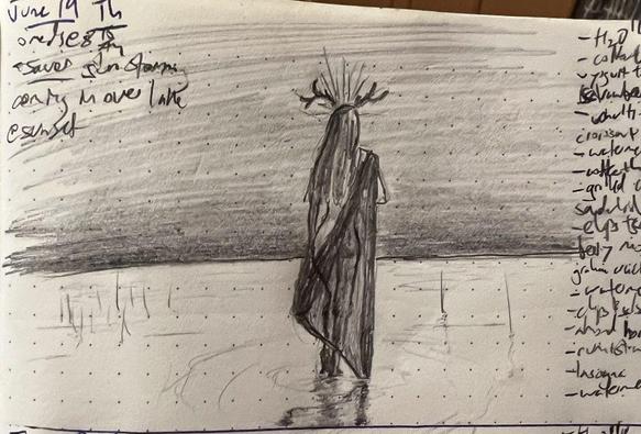 A pencil sketch of an antlered woman (a god?) standing in ankle deep water. She is looking away from the viewer, out to the darkening horizon.