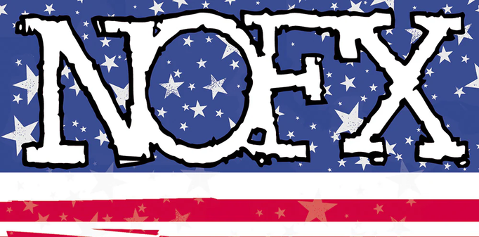 NOFX band logo in white set on top of a small section of a colored rendition of the american flag with a blue background, white stars, white and red stripes below the blue and white stars and logo.