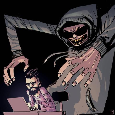 A hooded, menacing figure with sharp teeth looms over a man working on a laptop, symbolizing the threat of cybercrime or online hacking.