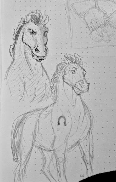 Two sketch drawings of Angelo as a feral horse. He has a curly mohawk mane, a big body frame, a short tail and a horseshoe tattoo on his upper front leg.