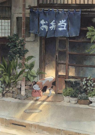 a painting of a cat leaving a house, carrying a bento