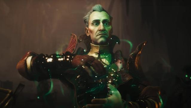 Emmrich Volkarin, the gentleman necromancer from Dragon Age Veilguard. He's an older white man with greying hair and a pencil moustache. He is using his hands to cast a spell, which looks like strands of glowing green light.