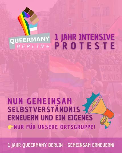 Queermany Berlin - 1 Jahr intensive Proteste

Nun gemeinsam Selbstverständnis erneuern und ein eigenes nur für unsere Ortsgruppe!

1 Jahr Queermany Berlin - gemeinsam erneuern!