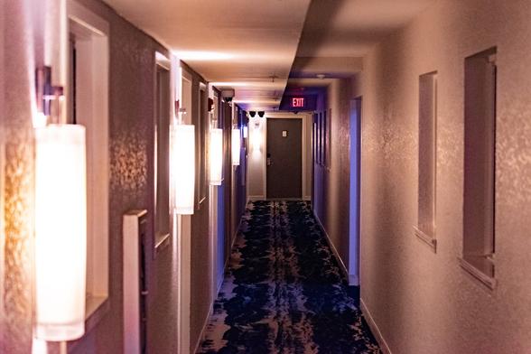 A narrow hotel hallway with an interesting carpet design and a row of lights on the left hand side.