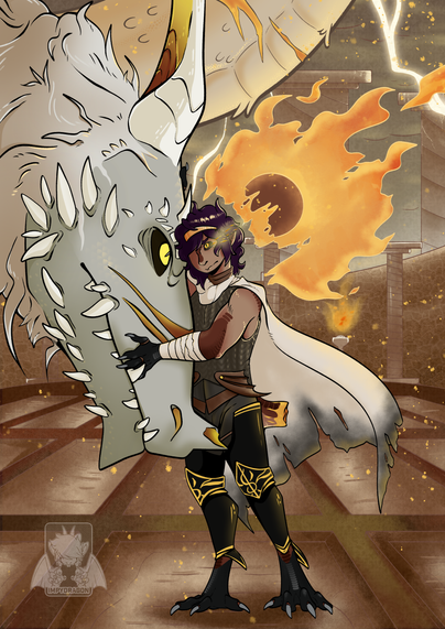 a tarnished OC, from elden ring, hugging the face of a huge dragon. Behind them a fiery mist - the lord of frenzy - dissolves away.