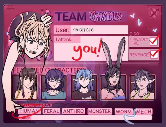 The ArtFight card template, with my name on it and it says I attack... you! I do friendly fire, revenge, and I have human characters (and one worm, technically.) My OC Sakura is in the spot where the profile picture is supposed to be, and it looks like she's marking up the card with a highlighter.