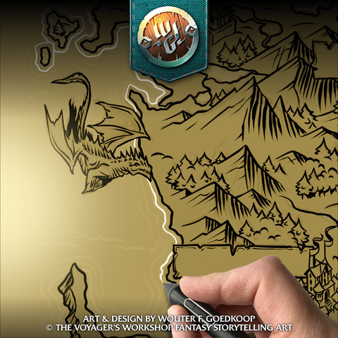 A closeup screenshot of a fantasy map being I inked digitally by hand using Clip Studio Paint. We can see a mountain range on a coastal region with an ancient dragon swooping by.