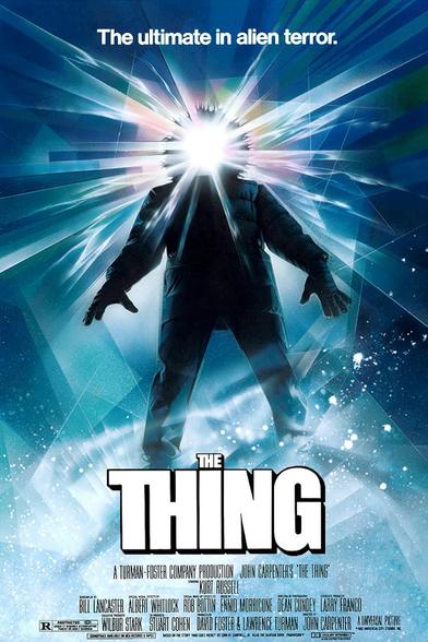 The Thing film poster by Drew Struzan, depicting a man in a heavy winter parka standing in the middle of a snowy, blue-toned void. His face is completely obscured by a blinding white light that bursts outward from inside his hood, creating dramatic, jagged rays of light. The rest of his body is silhouetted in dark tones, and light beams streak out in all directions. The parka's hood is fur-lined, and he's holding his arms slightly out to the sides. Snow swirls around his feet, and the background fades into a stark, icy darkness. On top of the poster there is the tagline "The ultimate alien terror", and at the bottom, in bold white lettering, is the film’s title "The Thing" along with the rest of the credits.