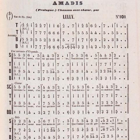 Partition de musique modale pour le morceau « Amadis » de Jean-Baptiste Lully 
Dans : Recueil de morceaux de concerts. Tome III. Tome IV. Répertoire de l'école Galin-Paris-Chevé. Cote MS 89779-3