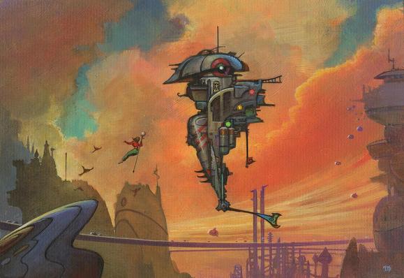 A traffic directing ship hovers in front of a bank of orange clouds. A tiny figure in the doorway looks out to a woman holding a long staff hovering with her back to the audience. She seems to be crossing from a ramp in the lower left to the droid. Below, an elevated roadway tinted purple sweeps across a futuristic city. Vehicles hover across its length. From a tower on the right edge of the panel, air ships descend like a stream of balloons trailing down.