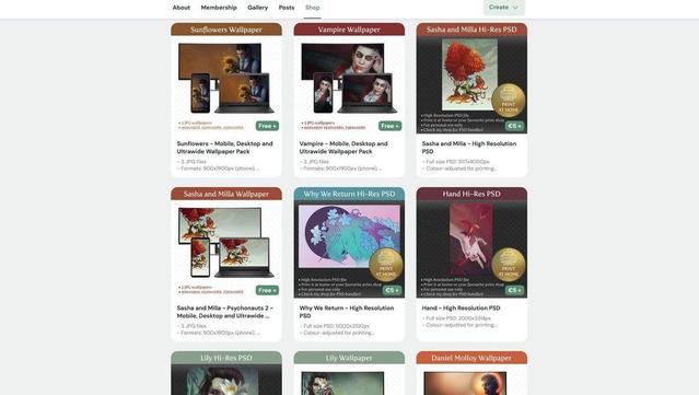 My Ko-Fi shop, showing wallpapers and printable files.