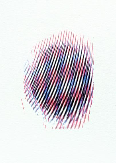 Abstract moire pen plotted print with red, blue, and black overlapping lines