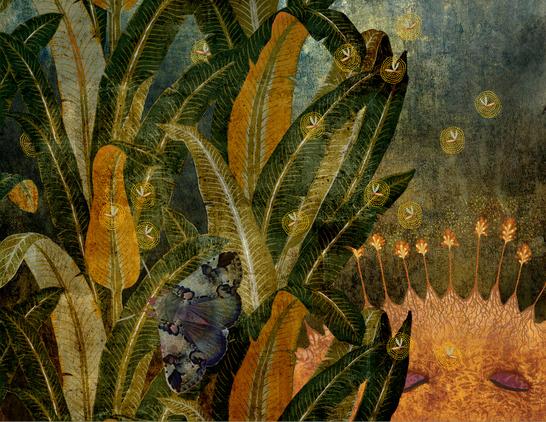 Textured background of deep teal and forest greens. Foreground of large detailed leaves of green and gold. Lower right corner, a partial abstract face with hair-like spikes topped with gold and yellow flowers. Hovering within and around the leaves are tiny golden fireflies encircled by light. A solitary mottled purple, blue-gray moth alights upon a leaf.